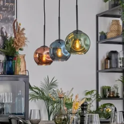 hofstein Ripoll Suspension, Boule lumineuse, Suspension Bleu, Vert, Cuivré, 3 lumières
