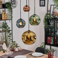 hofstein Ripoll Suspension, Boule lumineuse, Suspension grappe Bleu, Or, Vert, Cuivré, 4 lumières