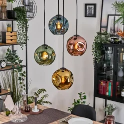 hofstein Ripoll Suspension, Boule lumineuse, Suspension grappe Bleu, Or, Vert, Cuivré, 4 lumières