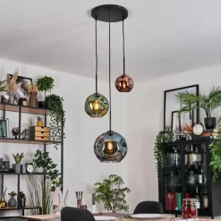 hofstein Ripoll Suspension, Boule lumineuse, Suspension grappe Bleu, Vert, Cuivré, 3 lumières