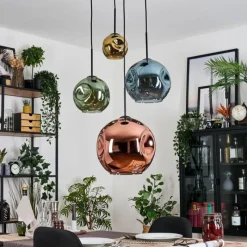 hofstein Ripoll Suspension, Boule lumineuse, Suspension grappe Bleu, Or, Vert, Cuivré, 4 lumières