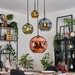 hofstein Ripoll Suspension, Boule lumineuse, Suspension grappe Bleu, Or, Vert, Cuivré, 4 lumières