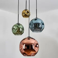 hofstein Ripoll Suspension, Boule lumineuse, Suspension grappe Bleu, Or, Vert, Cuivré, 4 lumières