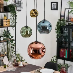 hofstein Ripoll Suspension, Boule lumineuse, Suspension grappe Bleu, Or, Vert, Cuivré, 4 lumières