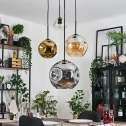 Lampes Dorées-hofstein Ripoll Suspension, Boule lumineuse, Suspension grappe Ambre, Chrome, Or, Clair, Fumé, 4 lumières