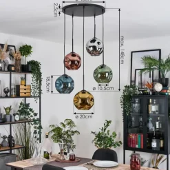 Lampes Dorées-hofstein Ripoll Suspension, Boule lumineuse, Suspension grappe Bleu, Chrome, Or, Vert, Cuivré, Fumé, 5 lumières