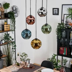 Lampes Dorées-hofstein Ripoll Suspension, Boule lumineuse, Suspension grappe Bleu, Chrome, Or, Vert, Cuivré, Fumé, 5 lumières