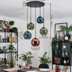 hofstein Ripoll Suspension, Boule lumineuse, Suspension grappe Bleu, Vert, Cuivré, 5 lumières