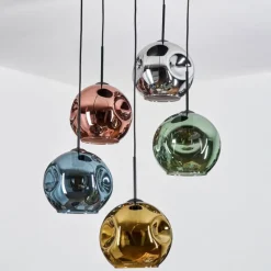 Lampes Dorées-hofstein Ripoll Suspension, Boule lumineuse, Suspension grappe Bleu, Chrome, Or, Vert, Cuivré, Fumé, 5 lumières