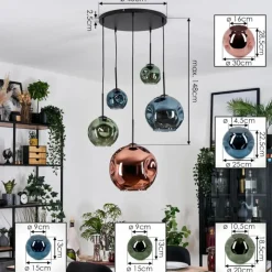 hofstein Ripoll Suspension, Boule lumineuse, Suspension grappe Bleu, Vert, Cuivré, 5 lumières