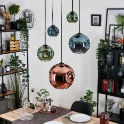 hofstein Ripoll Suspension, Boule lumineuse, Suspension grappe Bleu, Vert, Cuivré, 5 lumières