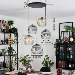 hofstein Ripoll Suspension, Boule lumineuse, Suspension grappe Ambre, Clair, Fumé, 5 lumières