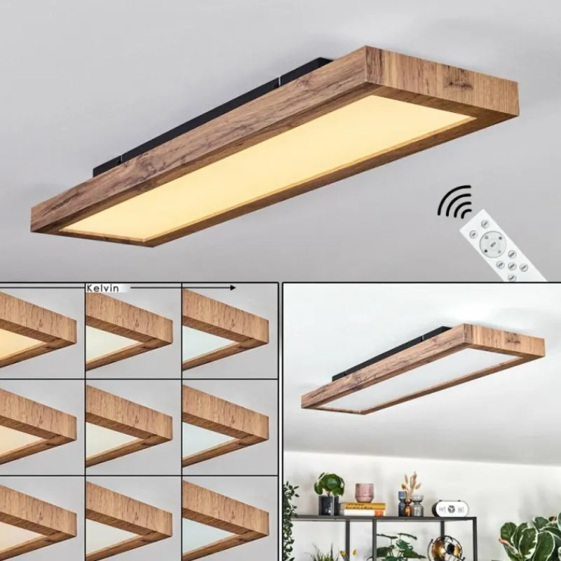 Luminaires Scandinaves-hofstein Salmi Plafonnier, Panel LED Couleur bois, Noir, 1 lumière, Télécommandes