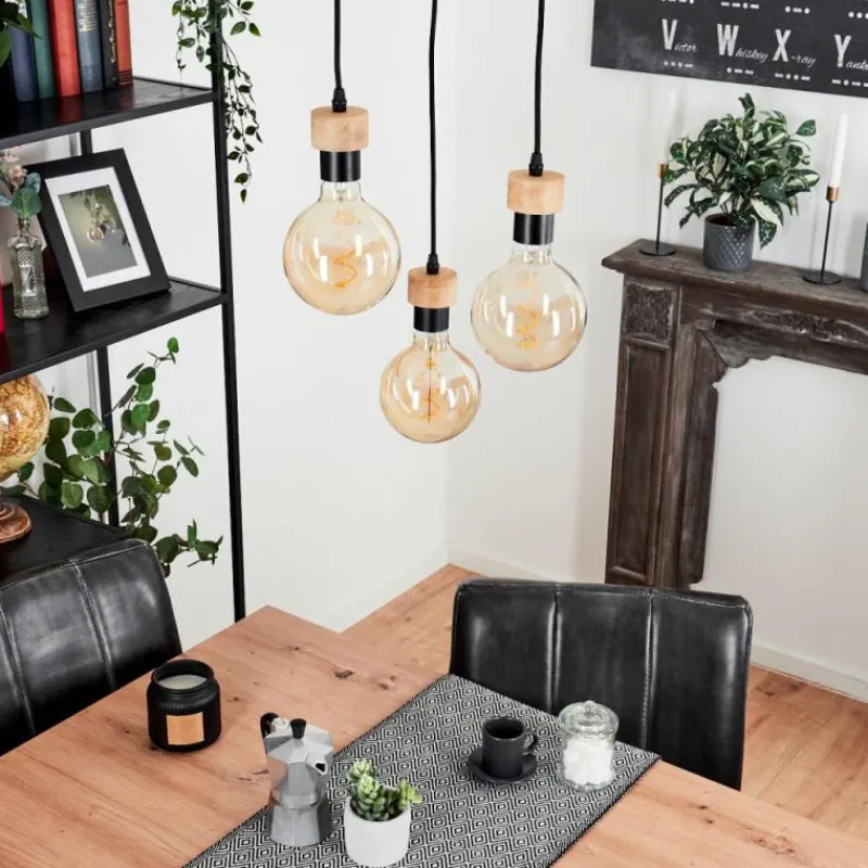 Lampes En Bois-hofstein Suspension Harran Écru, Noir, 3 lumières