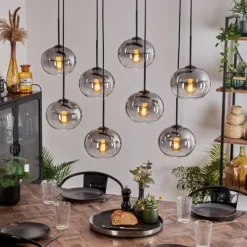 hofstein Suspension - Verre Apedo Clair, Fumé, 8 lumières