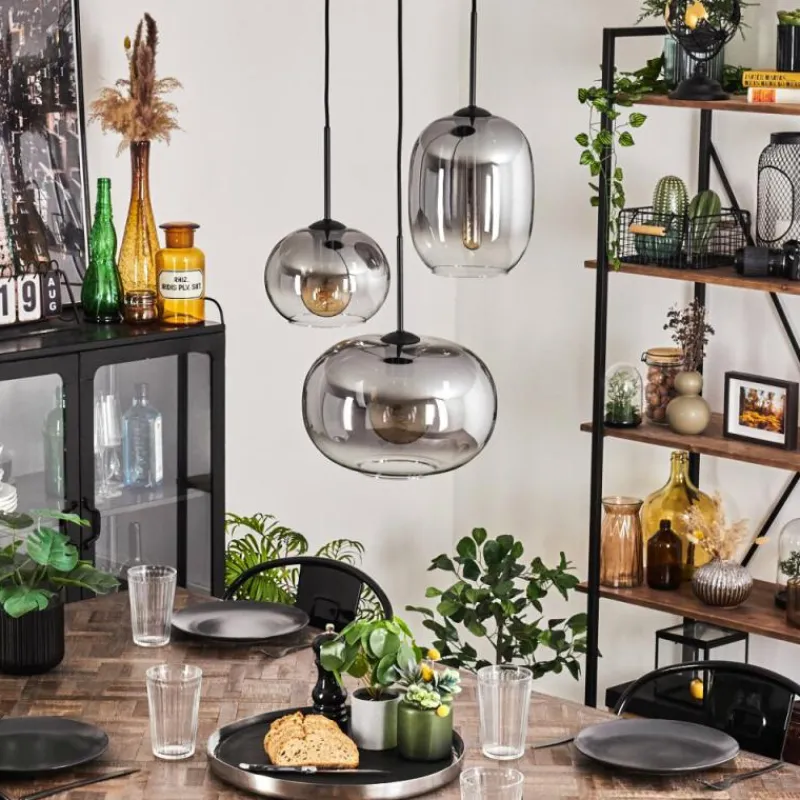 hofstein Suspension - Verre Apedo Clair, Fumé, 3 lumières