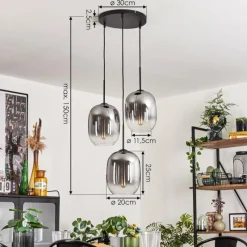 hofstein Suspension - Verre Apedo Clair, Fumé, 3 lumières