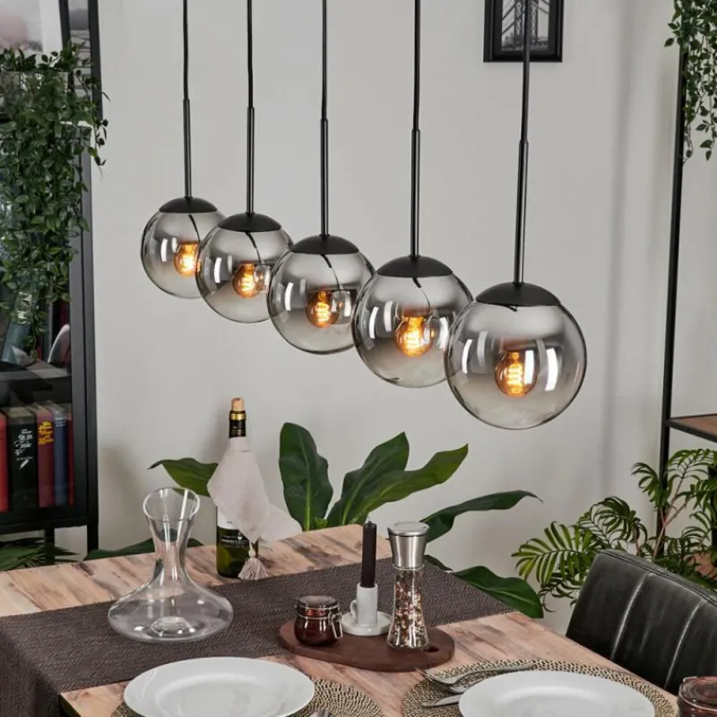 hofstein Suspension - Verre Gastor Chrome, Clair, Fumé, 5 lumières