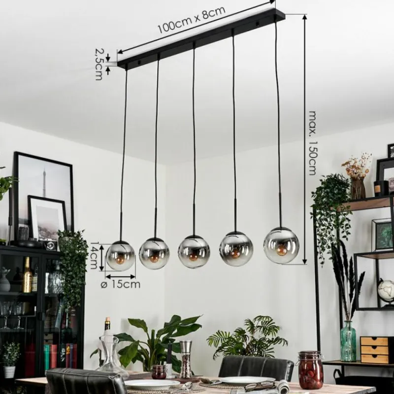 hofstein Suspension - Verre Gastor Chrome, Clair, Fumé, 5 lumières