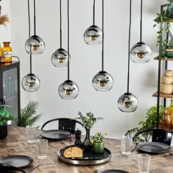 hofstein Suspension - Verre Koyoto Chrome, Clair, Fumé, 8 lumières