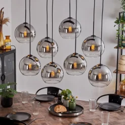 hofstein Suspension - Verre Koyoto Chrome, Clair, Fumé, 8 lumières