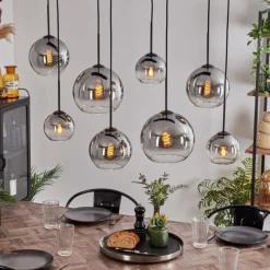 hofstein Suspension - Verre Koyoto Clair, Fumé, 8 lumières