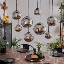 hofstein Suspension - Verre Koyoto Chrome, Fumé, 8 lumières