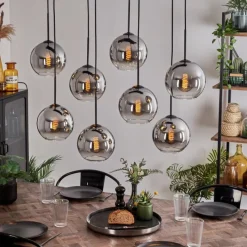 hofstein Suspension - Verre Koyoto Chrome, Clair, Fumé, 8 lumières