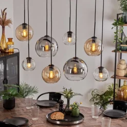 hofstein Suspension - Verre Koyoto Ambre, Chrome, Clair, Fumé, 8 lumières