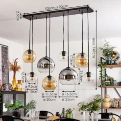 hofstein Suspension - Verre Koyoto Ambre, Chrome, Clair, Fumé, 8 lumières