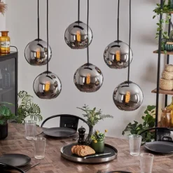 hofstein Suspension - Verre Koyoto Chrome, Fumé, 6 lumières