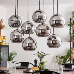 hofstein Suspension - Verre Koyoto Chrome, Fumé, 8 lumières