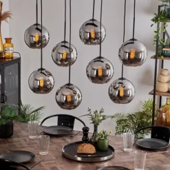 hofstein Suspension - Verre Koyoto Chrome, Fumé, 8 lumières