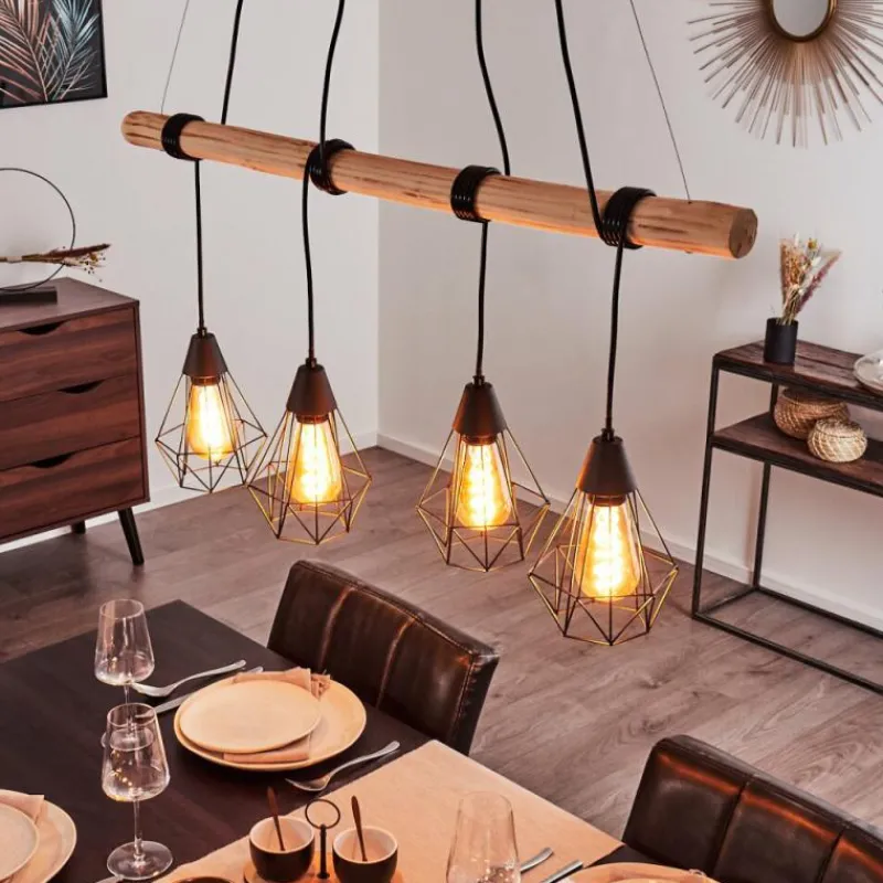 hofstein Suspension Betsele Bois clair, Noir, 4 lumières