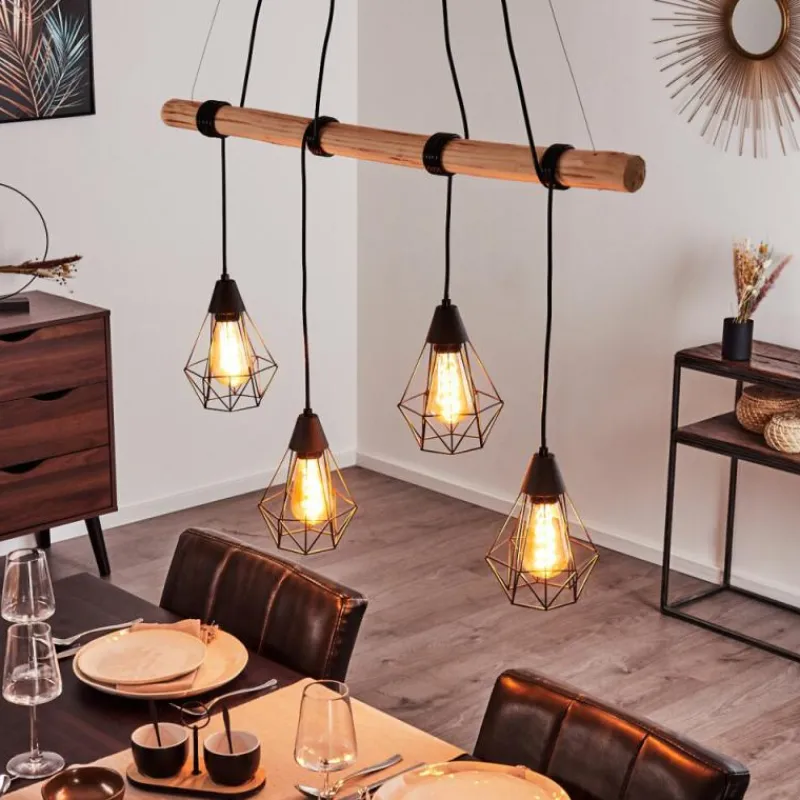 hofstein Suspension Betsele Bois clair, Noir, 4 lumières