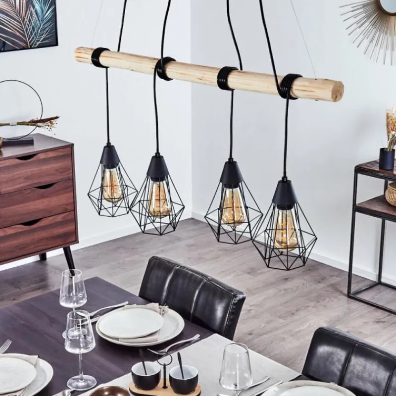 hofstein Suspension Betsele Bois clair, Noir, 4 lumières