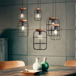 Lampes Industrielles-Luminaires Brilliant Suspension Brilliant Gwen Bois foncé, Noir, 6 lumières