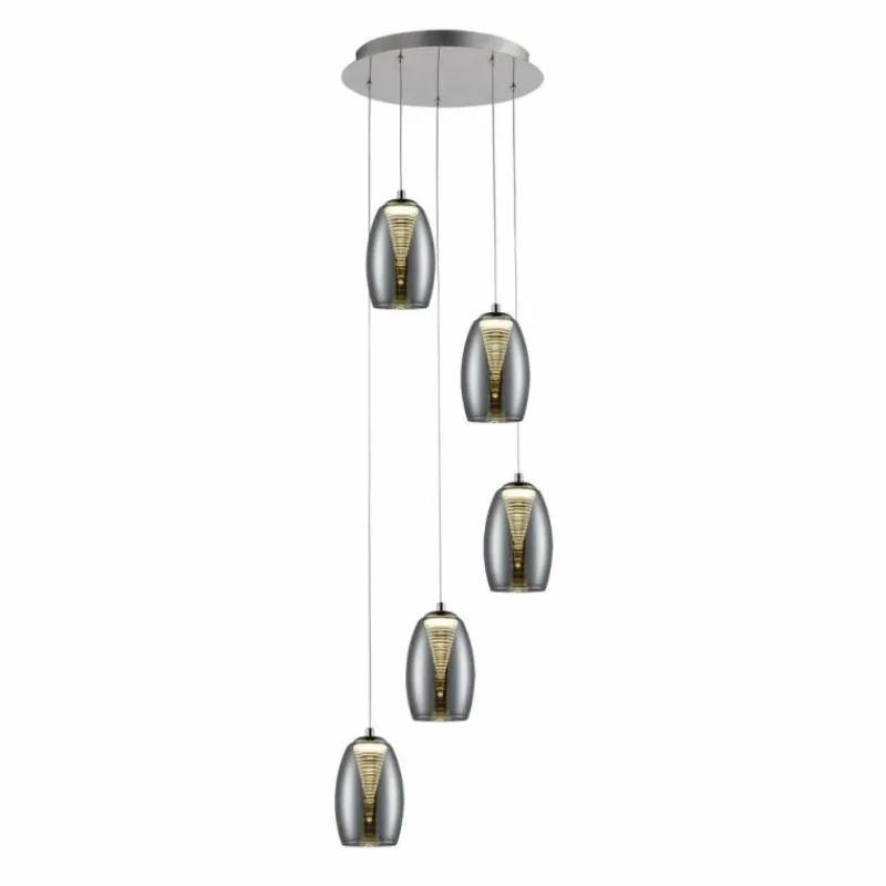 Suspension Verre Fumé-Luminaires Brilliant Suspension Brilliant Metropolis LED Chrome, 5 lumières