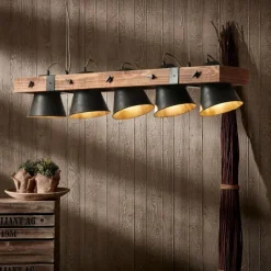 Luminaires Rustiques-Luminaires Brilliant Suspension Brilliant Plow Bois foncé, Noir, 5 lumières