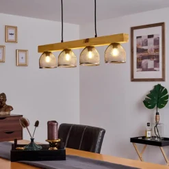 Lampes Vintages & Rétros-hofstein Suspension Camotes Bois clair, Nickel mat, 4 lumières