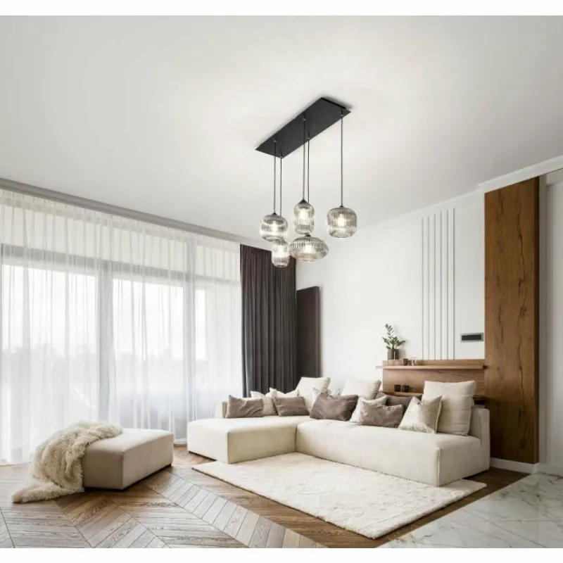 Suspension Verre Fumé-Luminaires Fabas Luce Suspension Fabas Luce Gillis Noir, 5 lumières