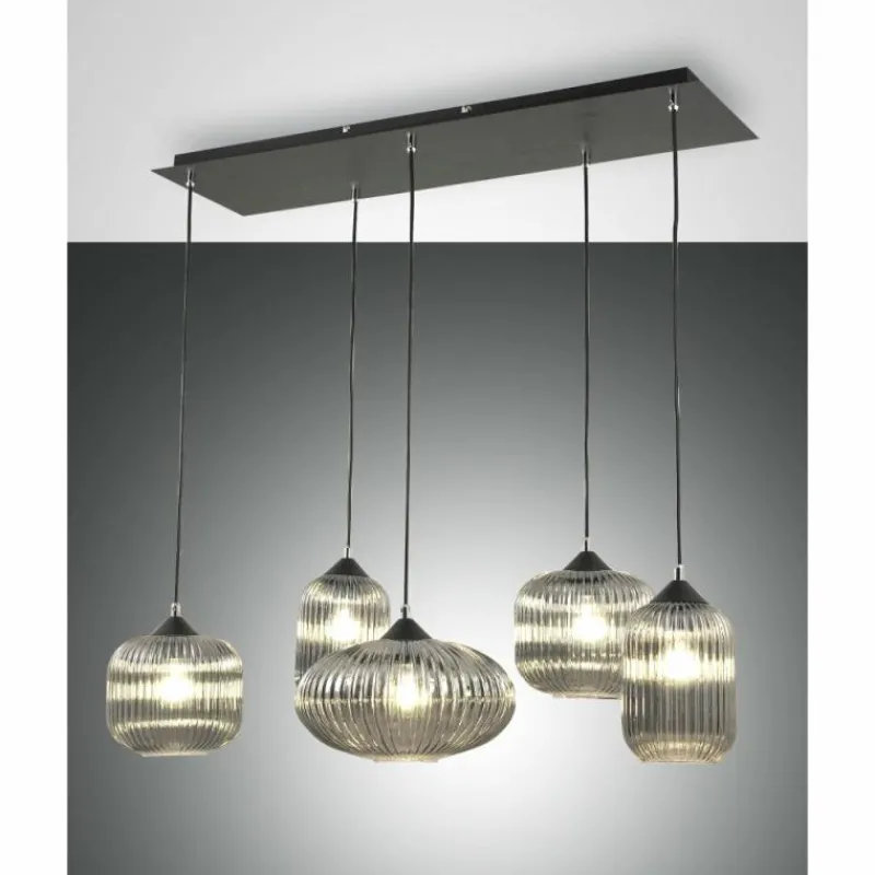 Suspension Verre Fumé-Luminaires Fabas Luce Suspension Fabas Luce Gillis Noir, 5 lumières