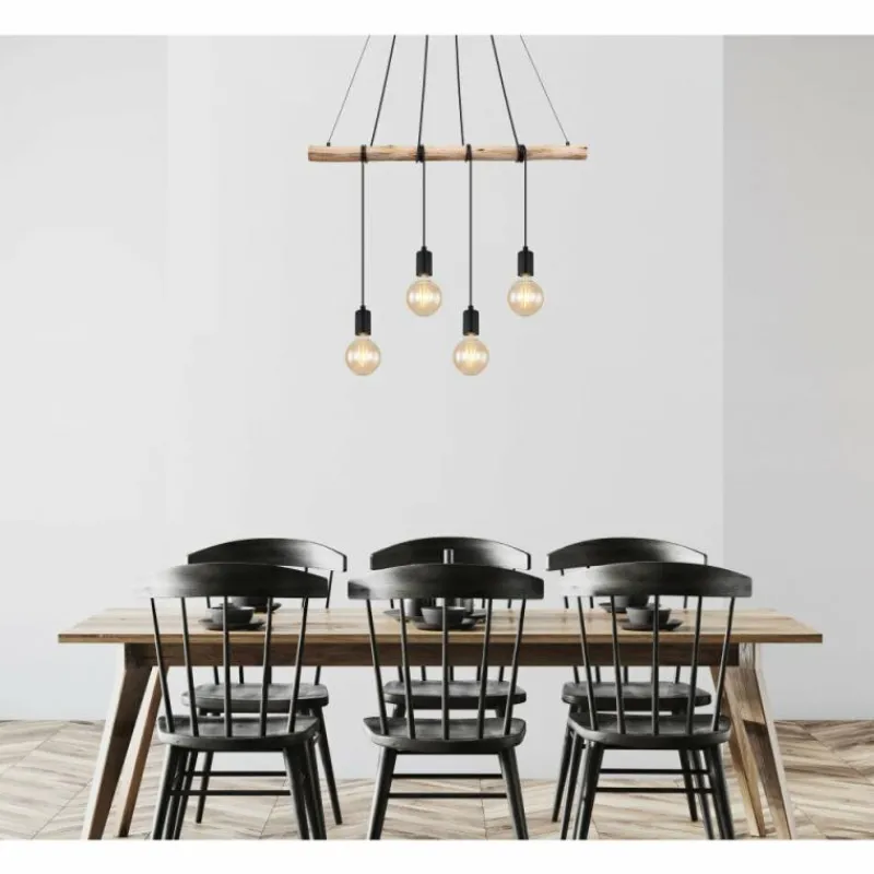 Style Boho-Chic-Luminaires Globo Lighting Suspension Globo AUSTON Bois clair, Noir, 4 lumières