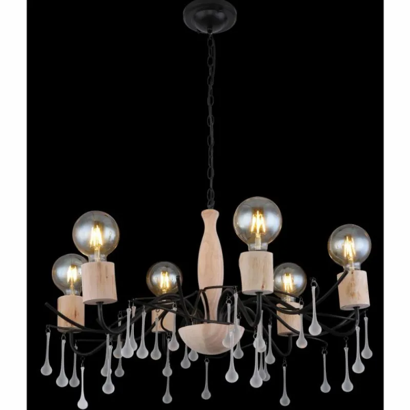 Lampes Vintages & Rétros-Luminaires Globo Lighting Suspension Globo NOLE Bois clair, Noir, 6 lumières