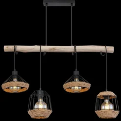 Style Boho-Chic-Luminaires Globo Lighting Suspension Globo SURRI Bois clair, Noir, 4 lumières
