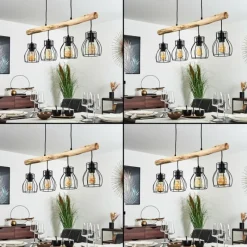 hofstein Suspension Gondo Bois clair, Noir, 4 lumières