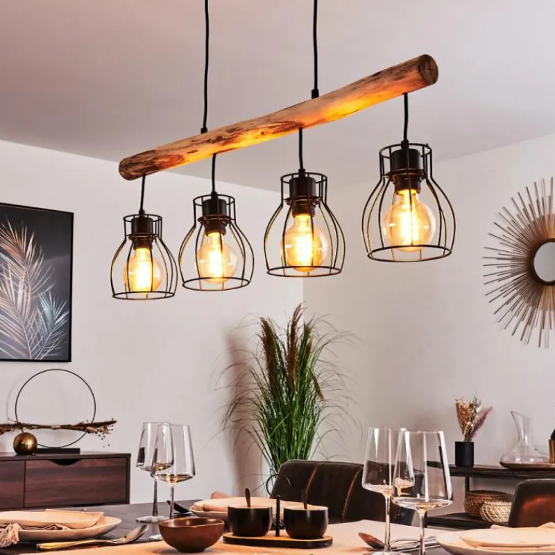 hofstein Suspension Gondo Bois clair, Noir, 4 lumières