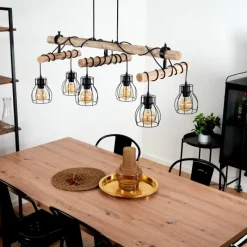 Style Boho-Chic-hofstein Suspension Gondo Bois clair, Noir, 6 lumières