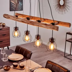 Style Boho-Chic-hofstein Suspension Gondo Bois clair, Noir, 4 lumières