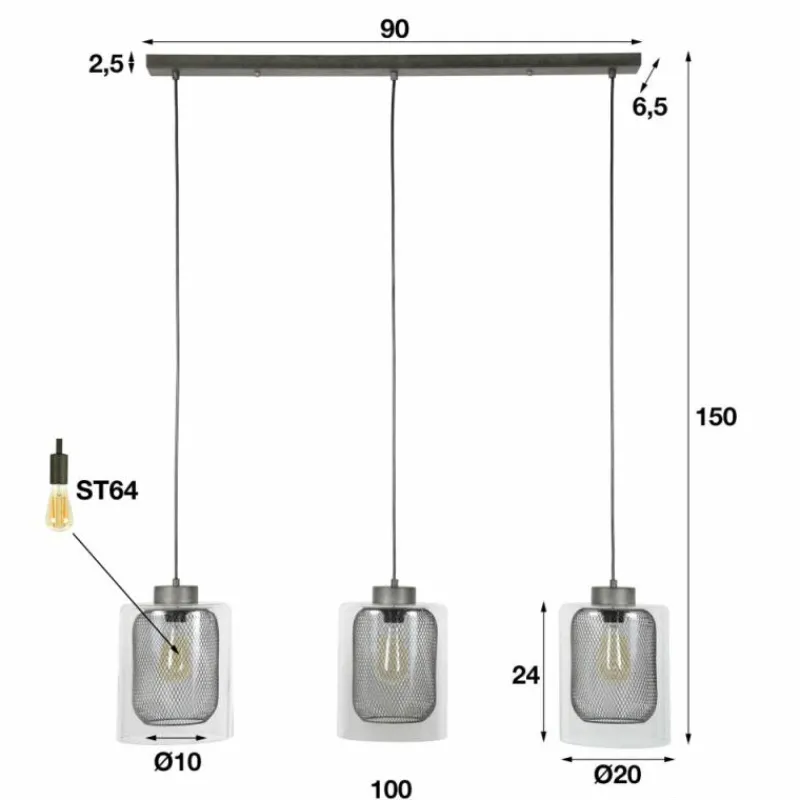 hofstein Suspension Hoefhaven Acier brossé, 3 lumières